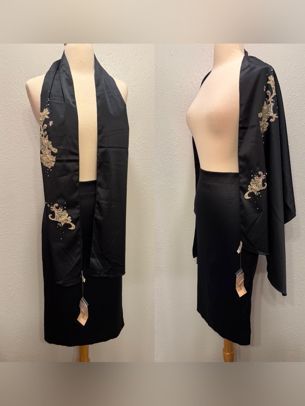 Mandalay Black Satin Embroidered 2-Piece Skirt and Scarf
